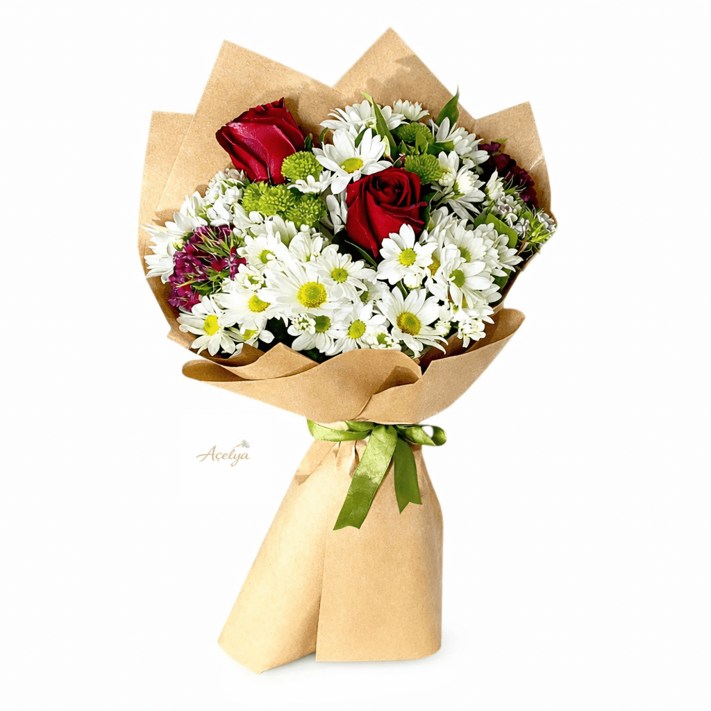 Papatya ve Kırmızı Gül Buketi - Balıkesir Açelya Çiçekçilik