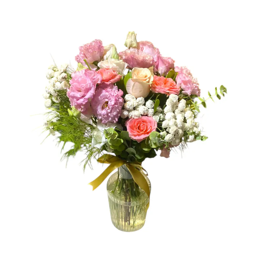 Cam Vazoda Pembe Gül ve Lisyantus