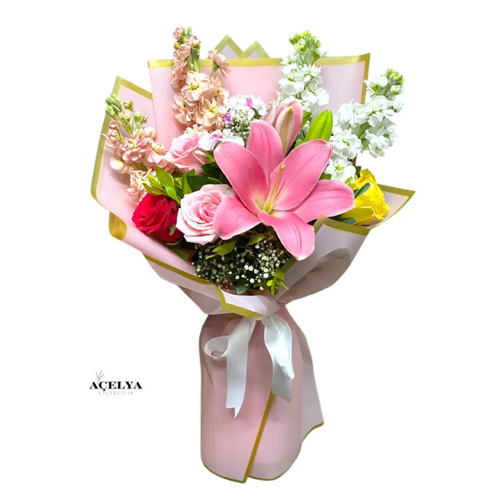Karışık Gül ve Pembe Lilyum Buketi - Balıkesir Açelya Çiçekçilik