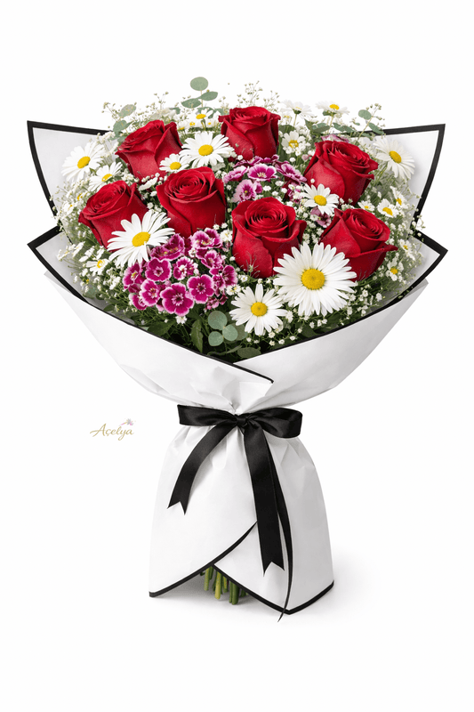 8 Adet Kırmızı Gül Papatya ve Hüsnüyusuflar - Balıkesir Açelya Çiçekçilik