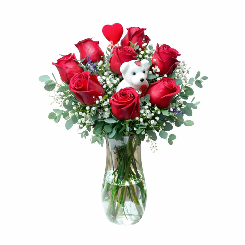 Vazoda 8 Adet Kırmızı Gül ve Ayıcık - Balıkesir Açelya Çiçekçilik