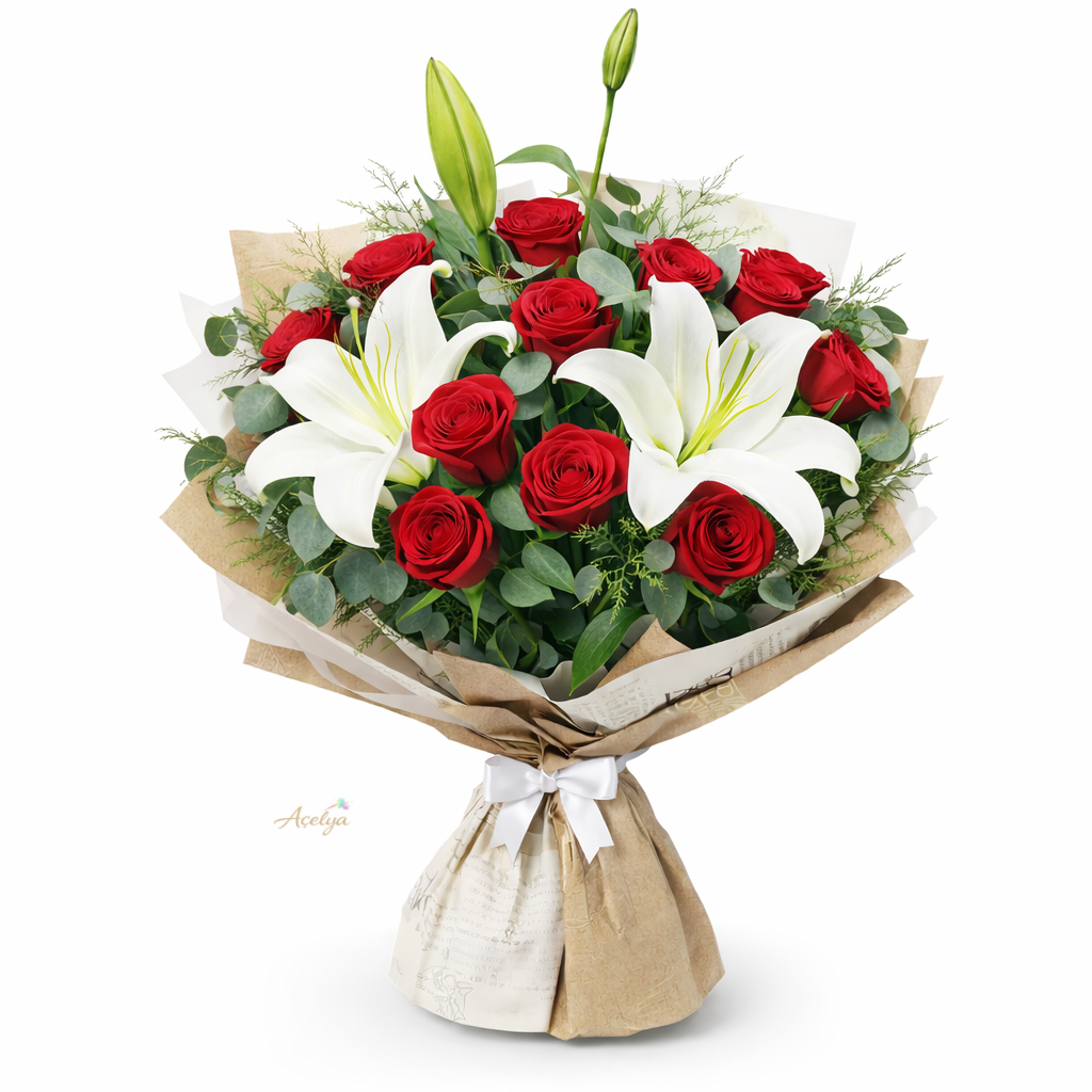 10 Adet Kırmızı Gül ve Lilyumlar