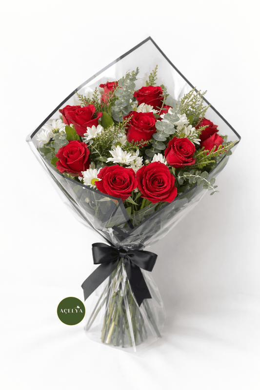 12 Adet Kırmızı Gül ve Papatya - Balıkesir Açelya Çiçekçilik