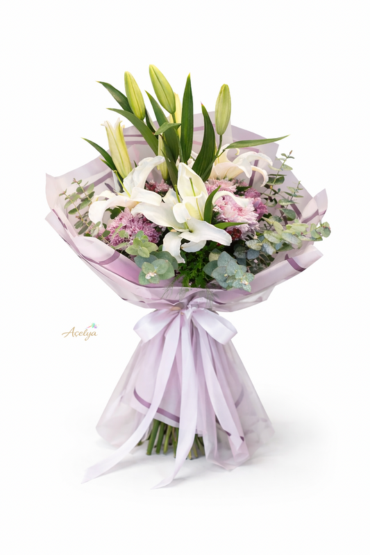 Lilyum ve Mor Papatya Buketi