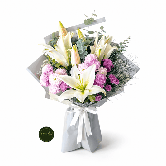 Lilyum ve Mor Papatya Buketi - Balıkesir Açelya Çiçekçilik