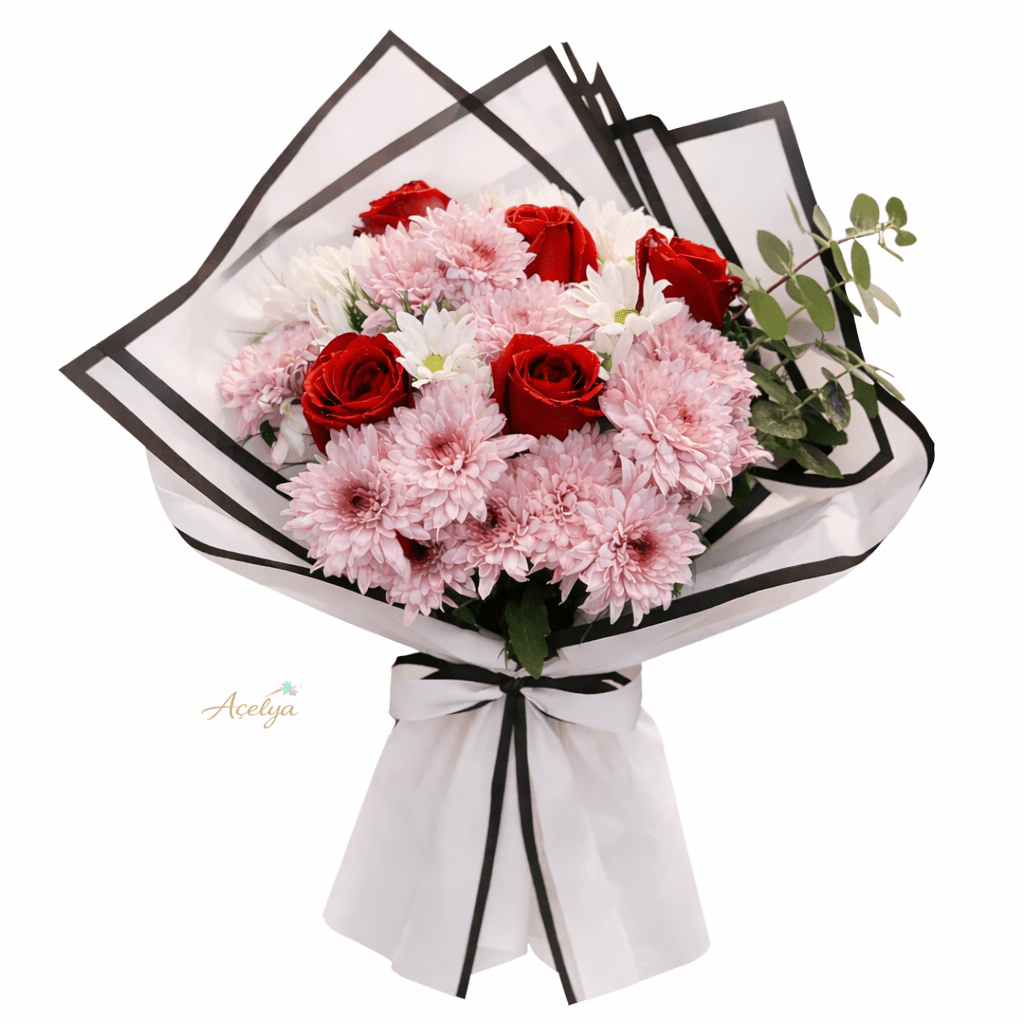 Mor Papatya ve Gül Buketi - Balıkesir Açelya Çiçekçilik