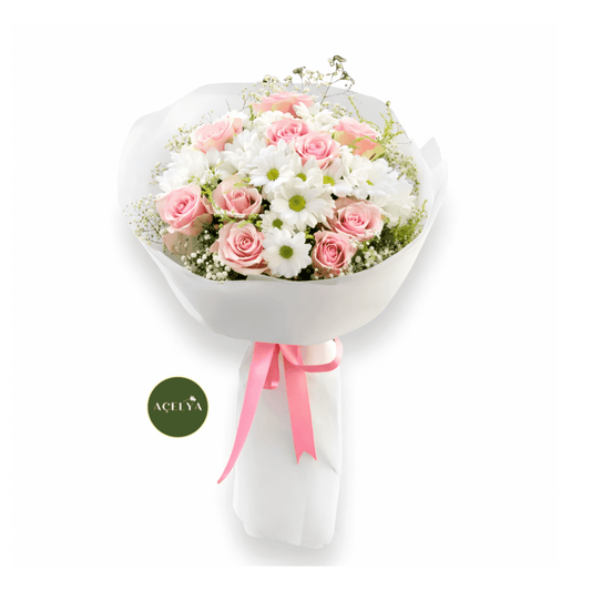 10 Adet Pembe Gül ve Papatya Buketi - Balıkesir Açelya Çiçekçilik