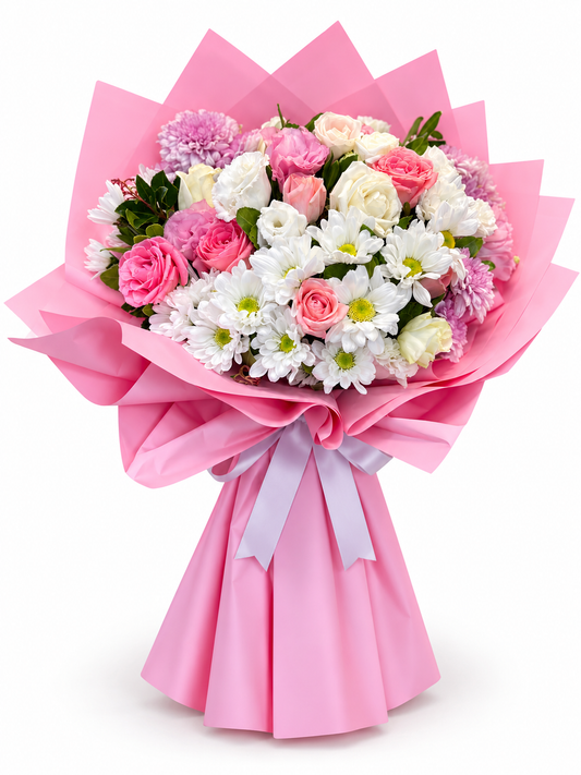Karışık Pembe Beyaz Gül Buketi