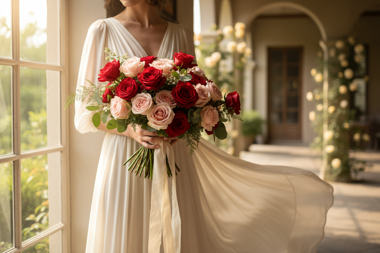 Gül buketi tutan kadın