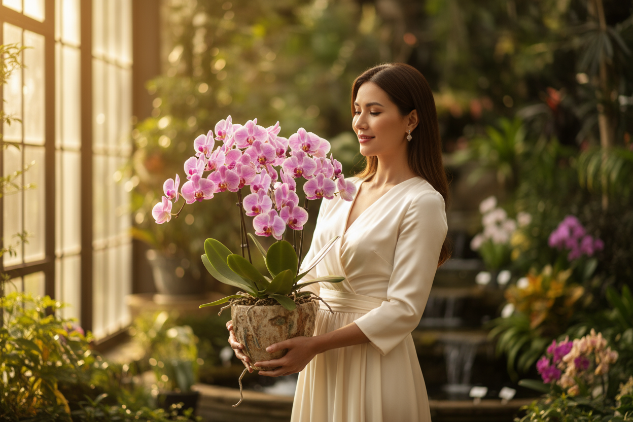 orkide tutan kadın
